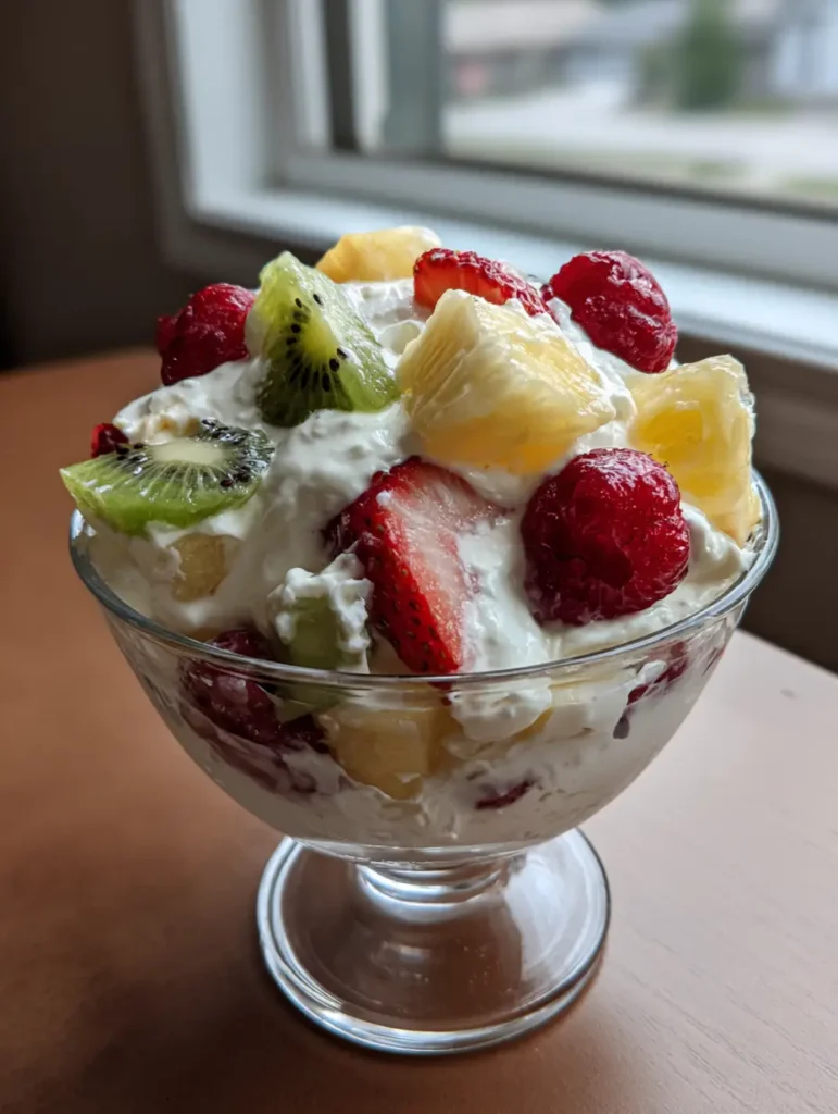High-angle view of Hawaiian Cheesecake Salad showing whole red raspberries and vibrant green kiwi slices on a neutral light-colored wooden surface in soft natural daylight.