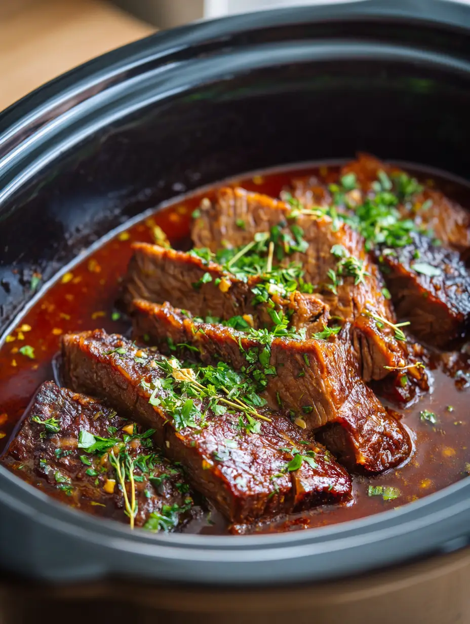 Slow Cooker Beef Brisket with a Deep Mahogany Bark 3 A close-up smartphone photo of succulent brisket muscle fibers and deep brown caramelized bark inside a dark ceramic pot. (Slow Cooker Beef Brisket)