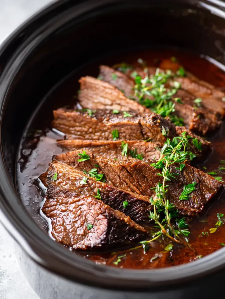 Slow Cooker Beef Brisket with a Deep Mahogany Bark 1 Handheld photo showing the glossy mahogany sauce pooling around the edges of thick-cut beef brisket slices.