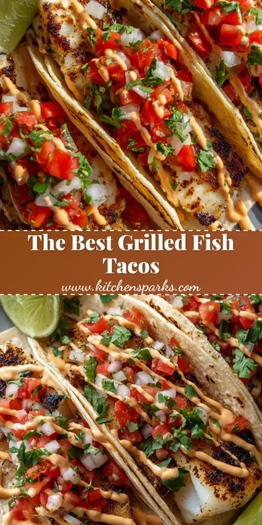 Three Grilled Fish Tacos on a grey plate featuring charred white fish, spicy mayo drizzle, and fresh pico de gallo.