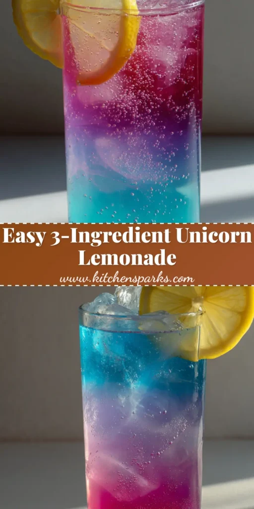 Unicorn Lemonade: The Ultimate Layered Magical Summer Refresher 4 A vibrant layered Unicorn Lemonade in a tall glass with magenta, cyan, and lavender colors over jagged ice.