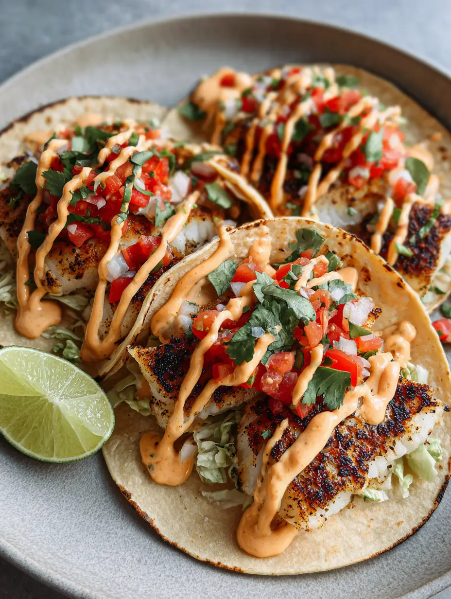 Close-up of handheld Grilled Fish Tacos with visible grill marks and creamy pale-orange sauce.