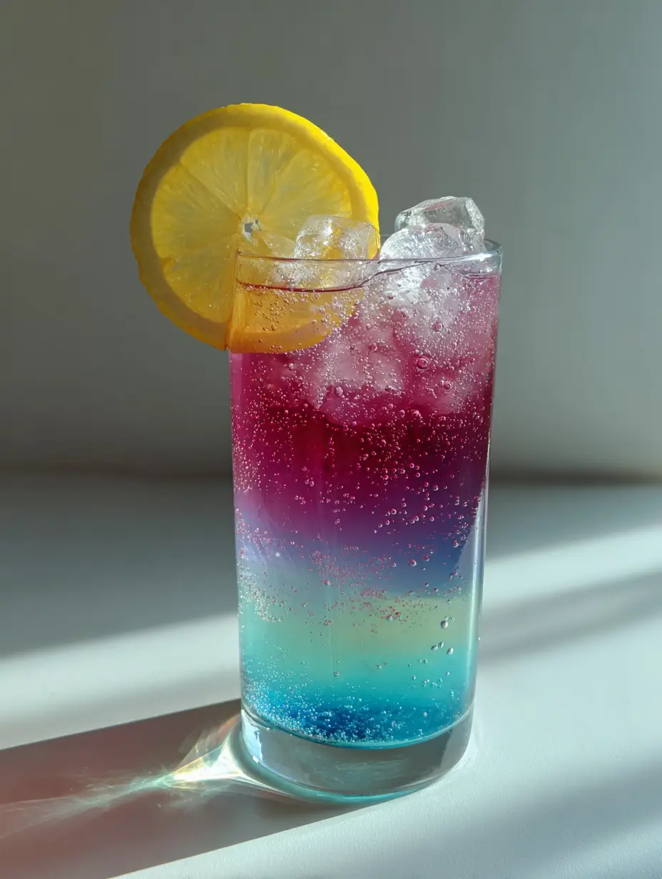 Unicorn Lemonade: The Ultimate Layered Magical Summer Refresher 3 Close up of Unicorn Lemonade showing magenta base and cyan middle with carbonation bubbles.