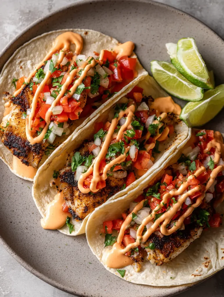 Three Grilled Fish Tacos arranged on a neutral grey plate with a lime wedge on the side.