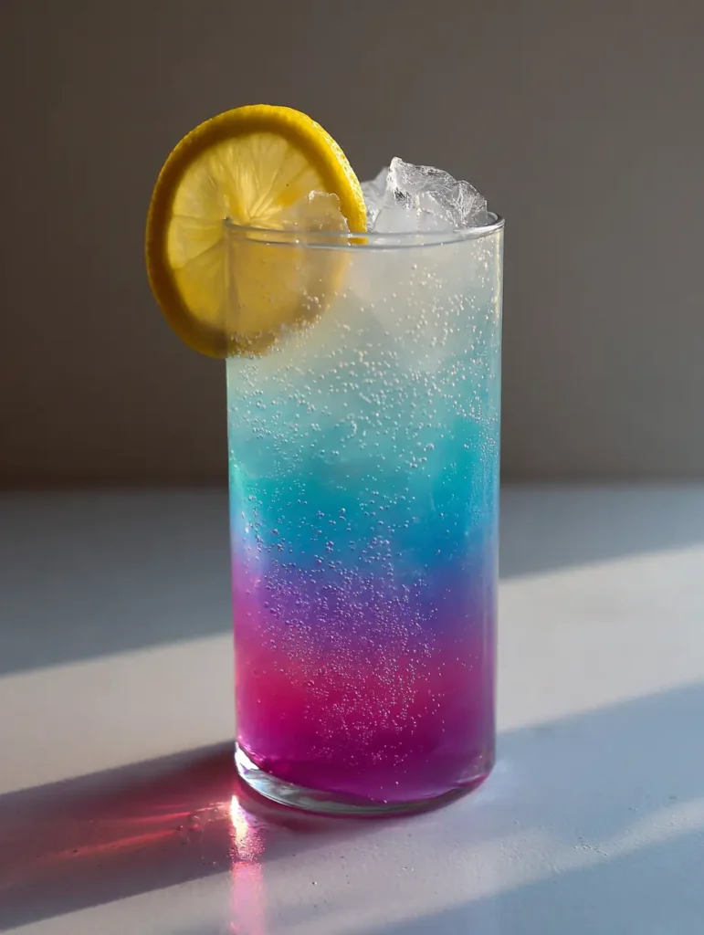 Unicorn Lemonade: The Ultimate Layered Magical Summer Refresher 1 Full glass of layered Unicorn Lemonade with lavender top and a lemon wheel garnish.
