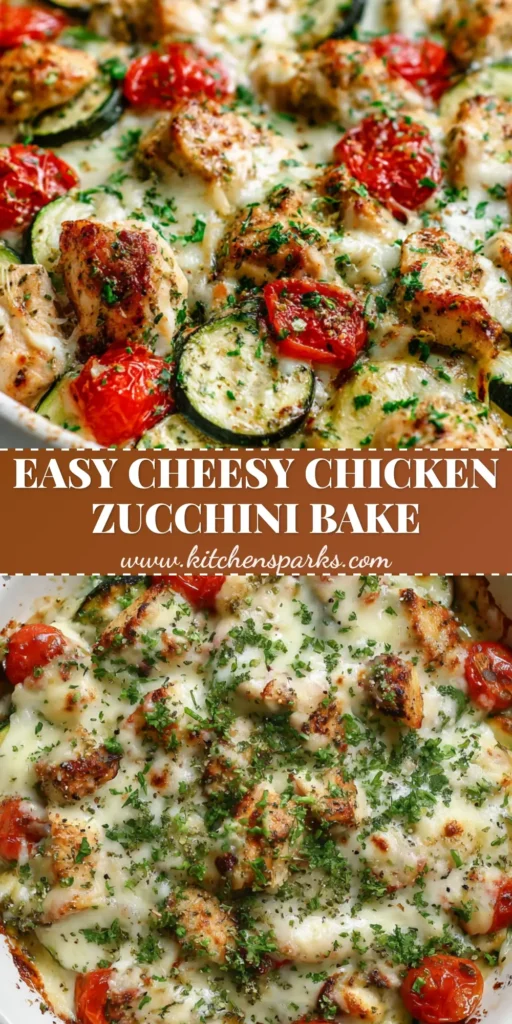 A vertical Pinterest pin showing a white ceramic dish filled with Chicken Zucchini Bake, topped with bubbly toasted mozzarella, burst tomatoes, and fresh parsley.
