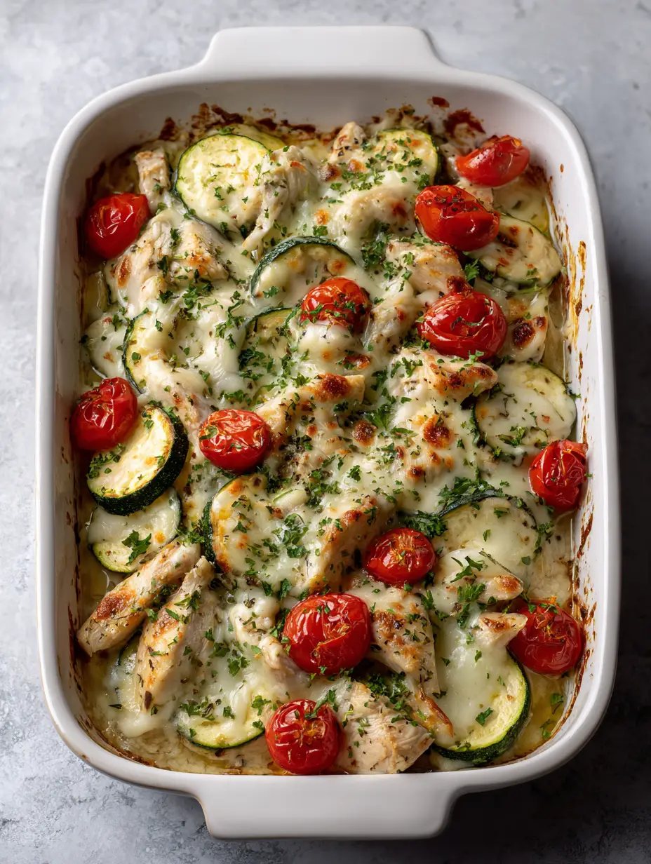 A handheld smartphone photo of a Chicken Zucchini Bake in a ceramic dish, featuring seared chicken, zucchini rounds, and burst tomatoes under toasted cheese.