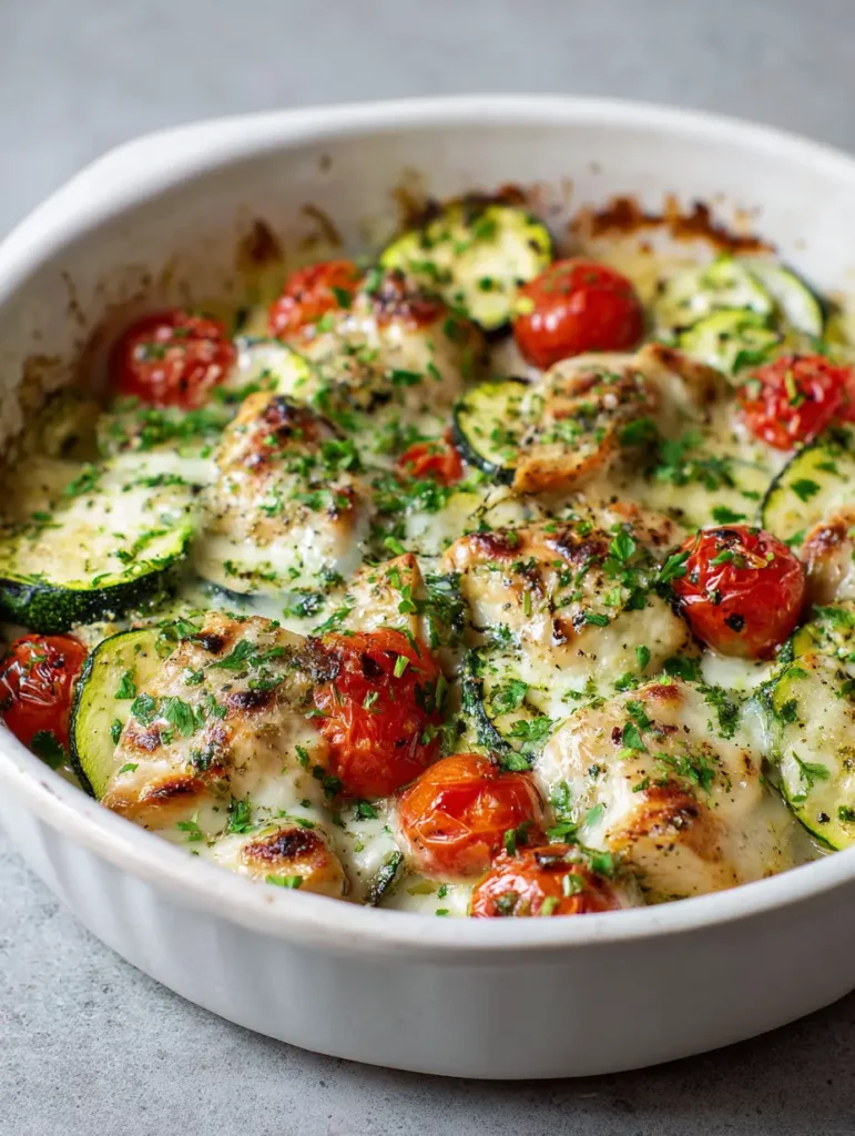 A close-up shot of the Chicken Zucchini Bake showing the toasted mozzarella bubbles and finely chopped fresh parsley garnish.