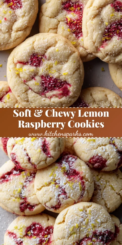 Lemon Raspberry Cookies: The Ultimate Soft-Baked Citrus and Berry Recipe 4 A stack of Lemon Raspberry Cookies with bright red jam swirls and fine powdered sugar dusting on a grey surface.