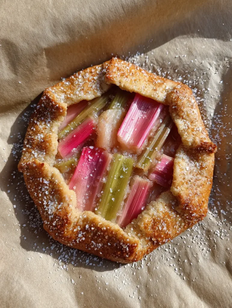 Mini rhubarb galettes on wrinkled brown parchment paper with a light dusting of powdered sugar.