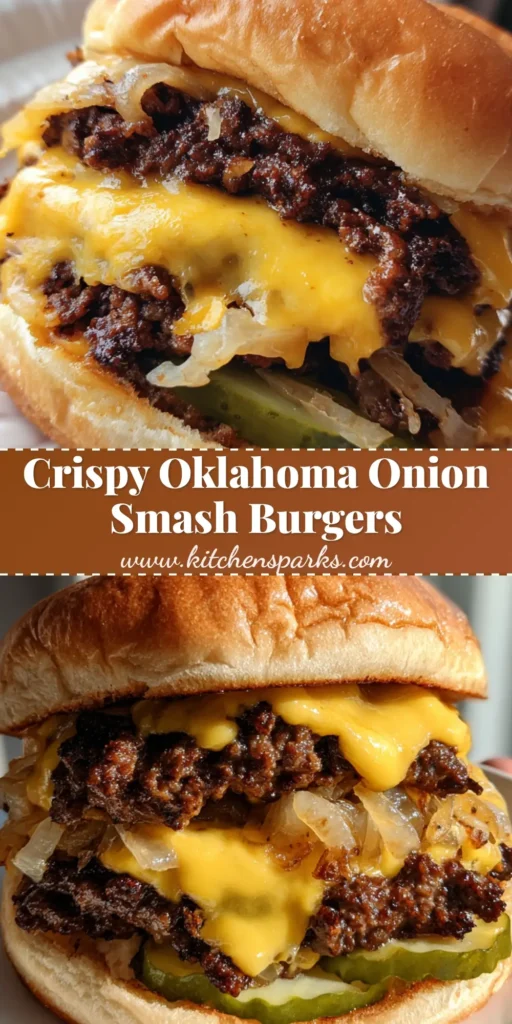 A handheld Oklahoma Onion Smash Burger with two charred beef patties, caramelized onions, and melted American cheese on a brioche bun.