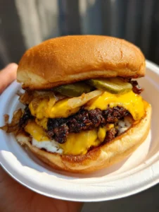 A close-up of an Oklahoma Onion Smash Burger showing translucent golden-brown caramelized onions and melted yellow cheese.