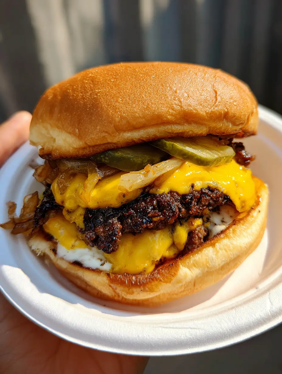 A close-up of an Oklahoma Onion Smash Burger showing translucent golden-brown caramelized onions and melted yellow cheese.