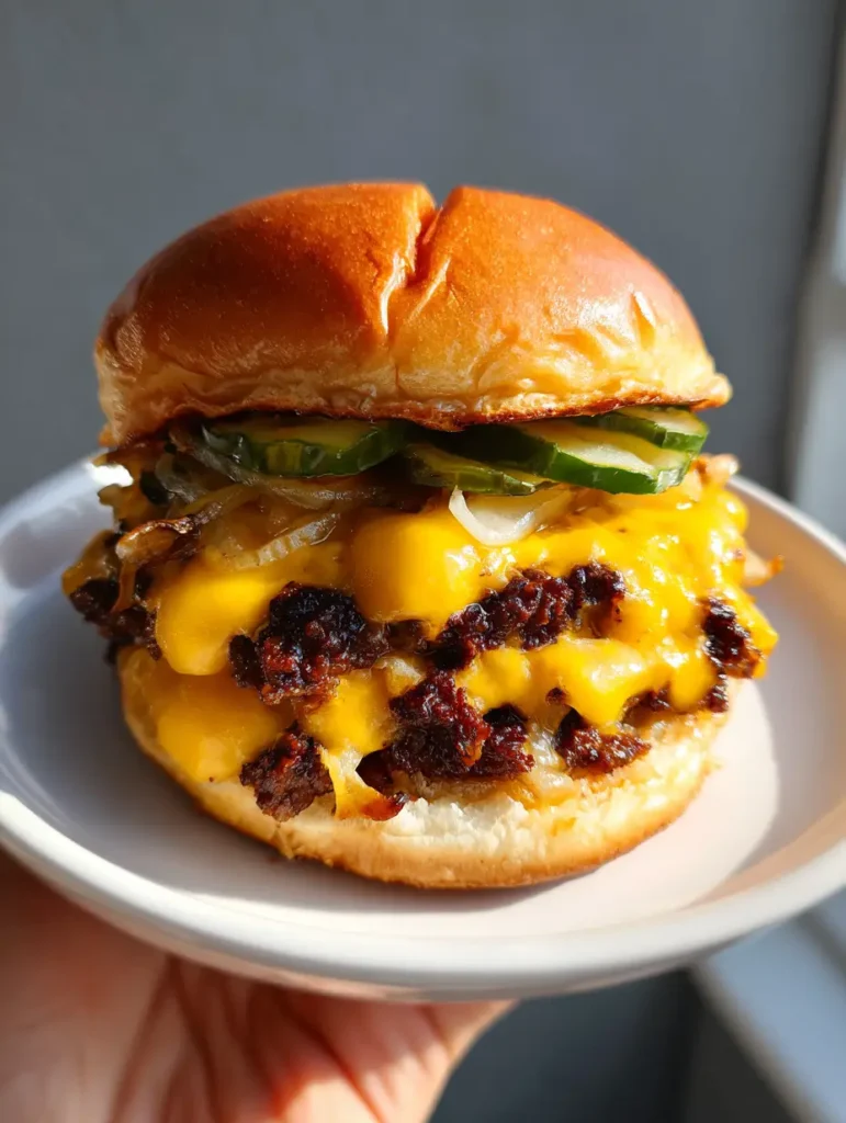 Two stacked Oklahoma Onion Smash Burger patties with thick layers of melted American cheese flowing over the sides.