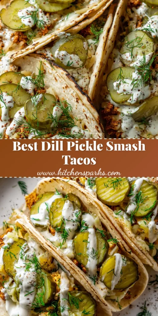 Dill Pickle Ranch Smash Chicken Tacos with Crispy Golden Ground Chicken 4 Three Dill Pickle Ranch Smash Chicken Tacos with crispy chicken, melted white cheddar, and crinkle-cut pickles on a white plate.