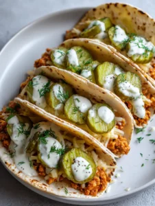 Close-up of Dill Pickle Ranch Smash Chicken Tacos with thick ranch drizzle and fresh dill garnish.