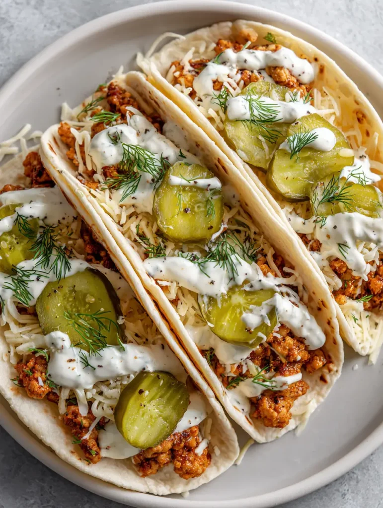 Dill Pickle Ranch Smash Chicken Tacos with Crispy Golden Ground Chicken 1 A high-angle smartphone-style photo of three Dill Pickle Ranch Smash Chicken Tacos on a white ceramic plate.