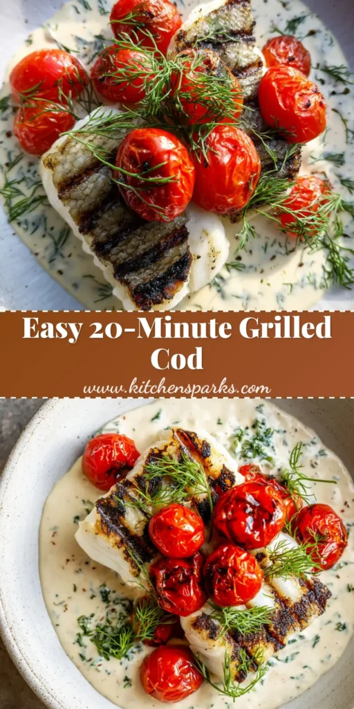 Grilled Cod with Dill Sauce: The Ultimate Guide to Flaky Fish and Blistered Tomatoes 4 A minimalist white plate featuring Grilled Cod with Dill Sauce, charred grill marks, and blistered red tomatoes on a grey stone background.