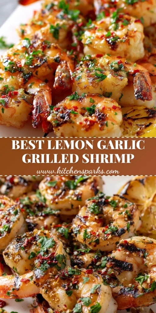 A close-up shot of Grilled Shrimp Skewers with dark char marks and a glossy garlic glaze on a white platter.