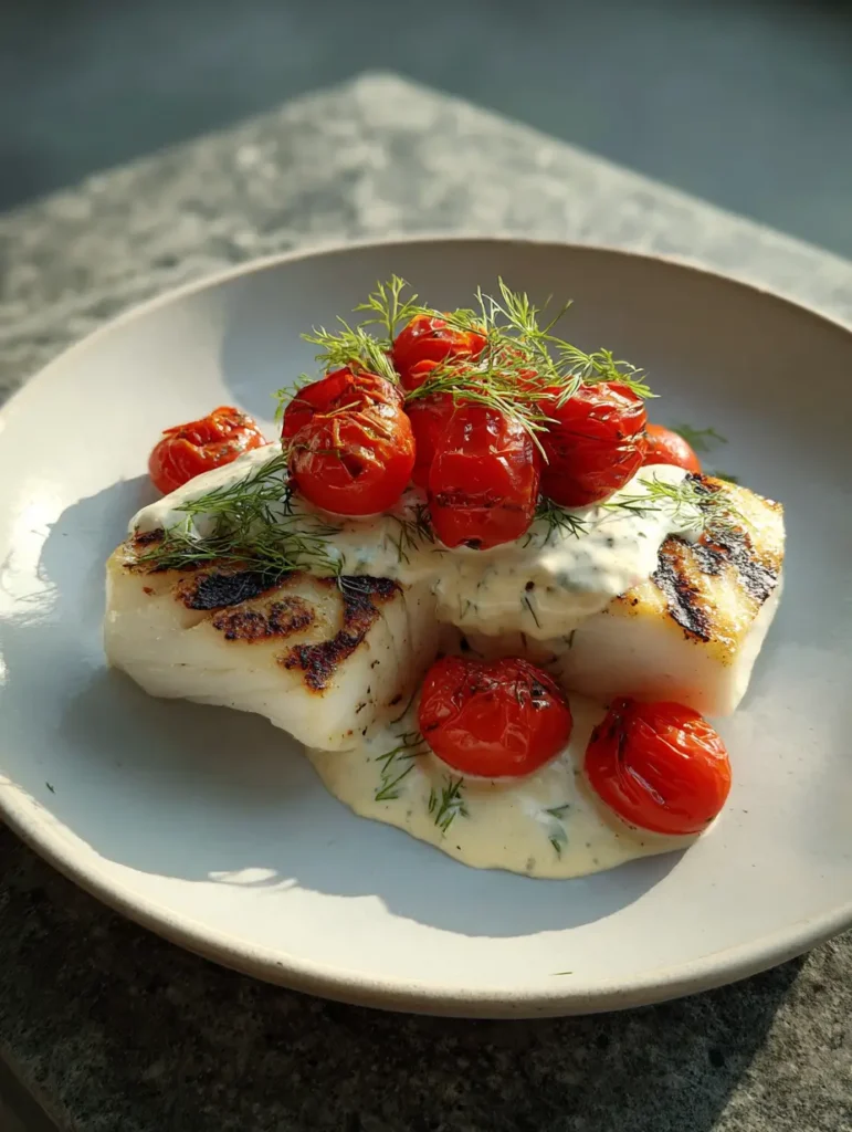 Home 6 Top down handheld photo of Grilled Cod with Dill Sauce showing flaky texture and burst cherry tomatoes.