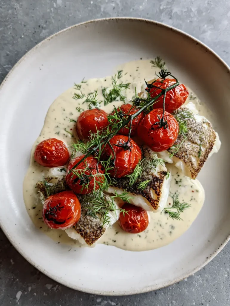 Grilled Cod with Dill Sauce: The Ultimate Guide to Flaky Fish and Blistered Tomatoes 1 Two thick cod fillets with creamy dill sauce and fresh dill garnish on a white ceramic plate.