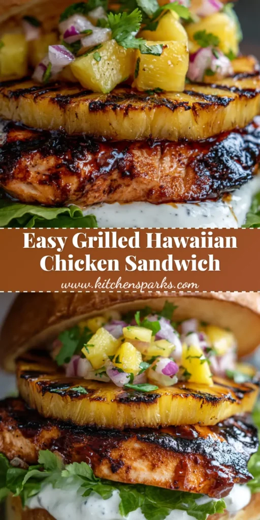 Hawaiian Chicken Sandwiches with Charred Pineapple and Chunky Salsa 4 A towering gourmet Hawaiian Chicken Sandwich with a grilled glazed chicken breast, charred pineapple ring, and chunky salsa on a toasted brioche bun. (Hawaiian Chicken Sandwiches)