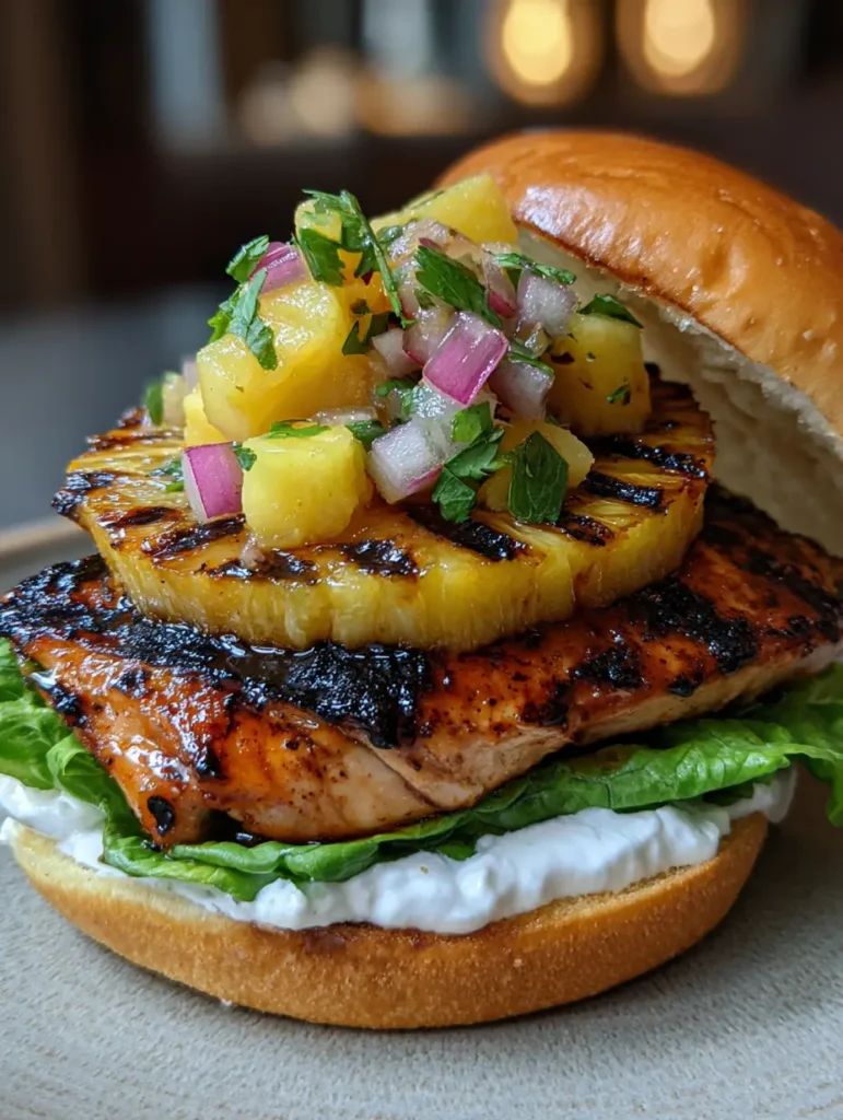 Hawaiian Chicken Sandwiches with Charred Pineapple and Chunky Salsa 2 A close-up handheld shot of a Hawaiian Chicken Sandwich showing the glistening brown glaze and charred pineapple marks. (Hawaiian Chicken Sandwiches)