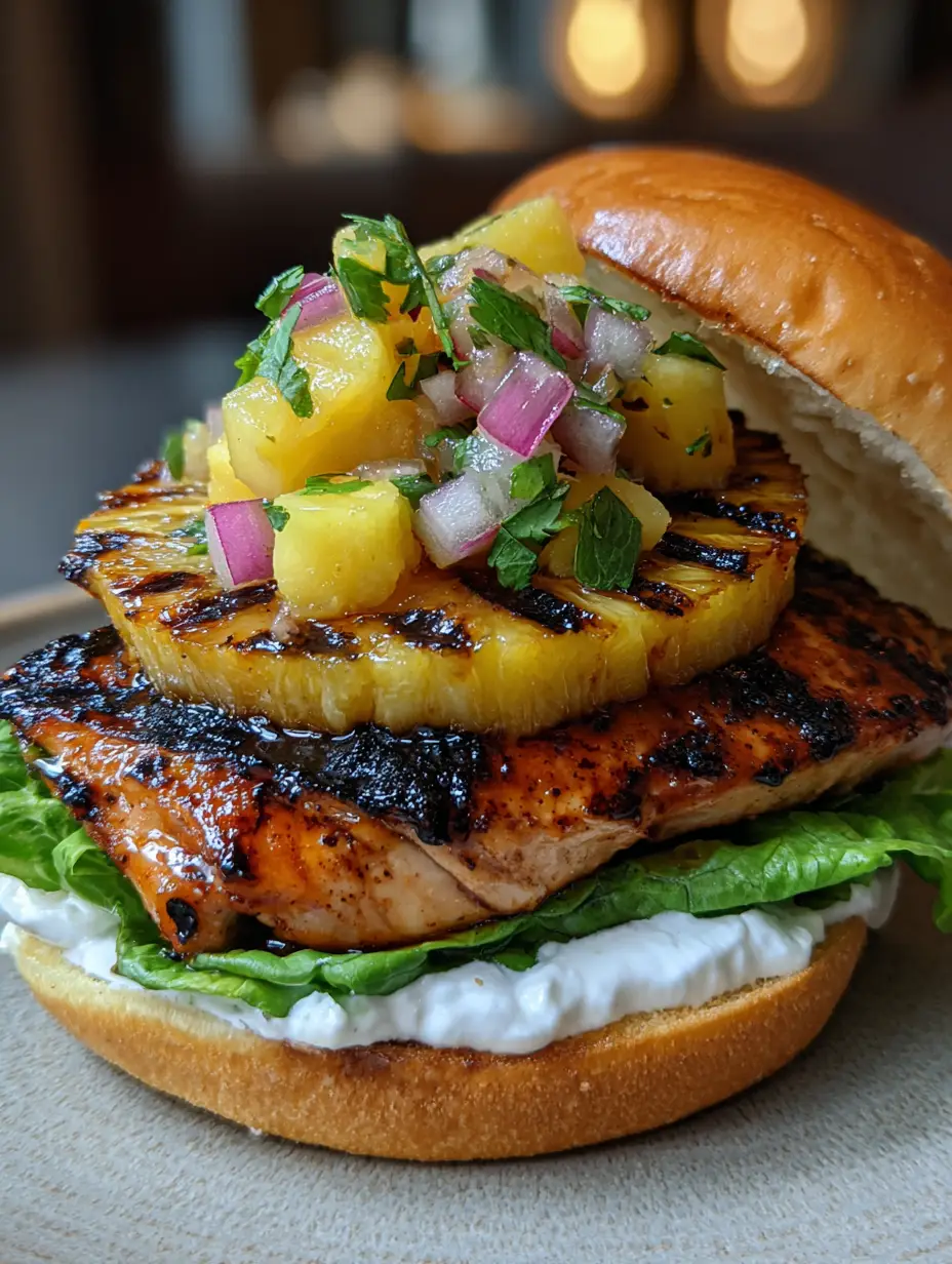 Hawaiian Chicken Sandwiches with Charred Pineapple and Chunky Salsa 3 A close-up handheld shot of a Hawaiian Chicken Sandwich showing the glistening brown glaze and charred pineapple marks. (Hawaiian Chicken Sandwiches)