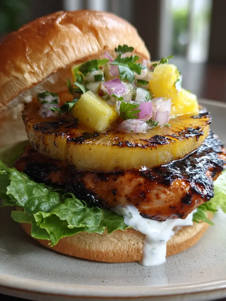 Hawaiian Chicken Sandwiches with Charred Pineapple and Chunky Salsa 1 A gourmet Hawaiian Chicken Sandwich on a ceramic plate, featuring chunky pineapple salsa with red onion and cilantro.