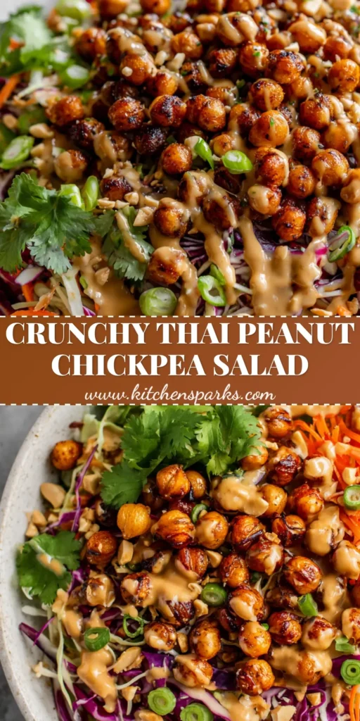 A tall, vibrant shot of Thai Chickpea Salad in a white bowl featuring purple cabbage, carrots, and golden roasted chickpeas with peanut drizzle. (Thai Chickpea Salad)