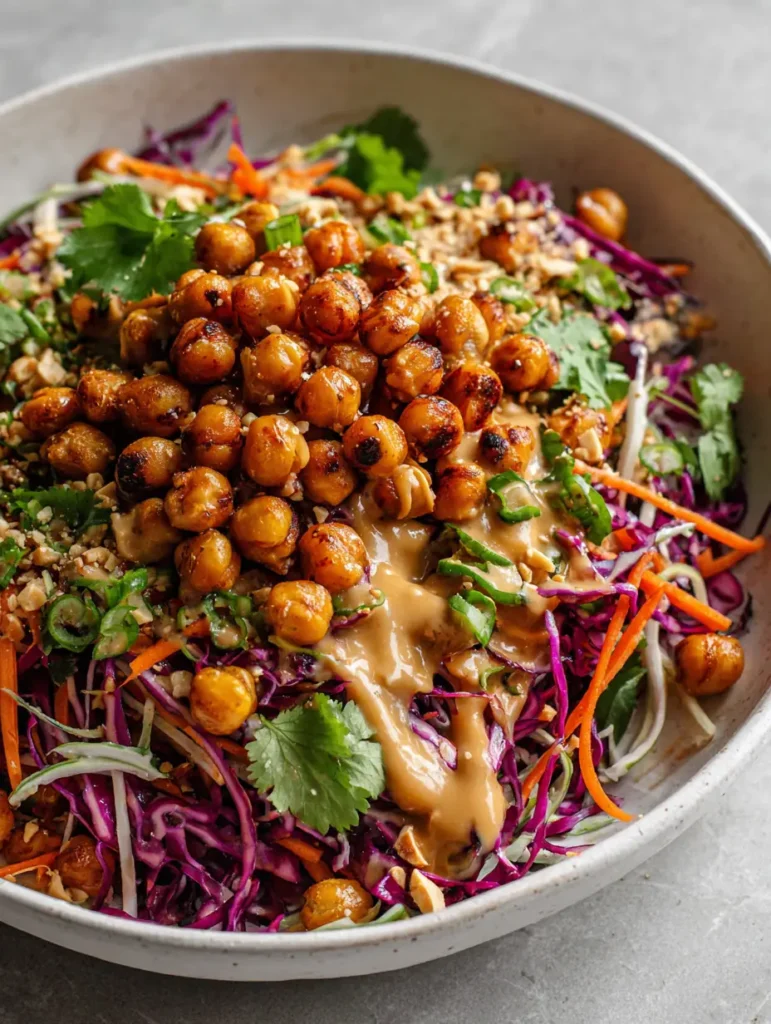 Close up shot of a vibrant Thai Chickpea Salad in a shallow white ceramic bowl with shredded cabbage and charred chickpeas. (Thai Chickpea Salad)