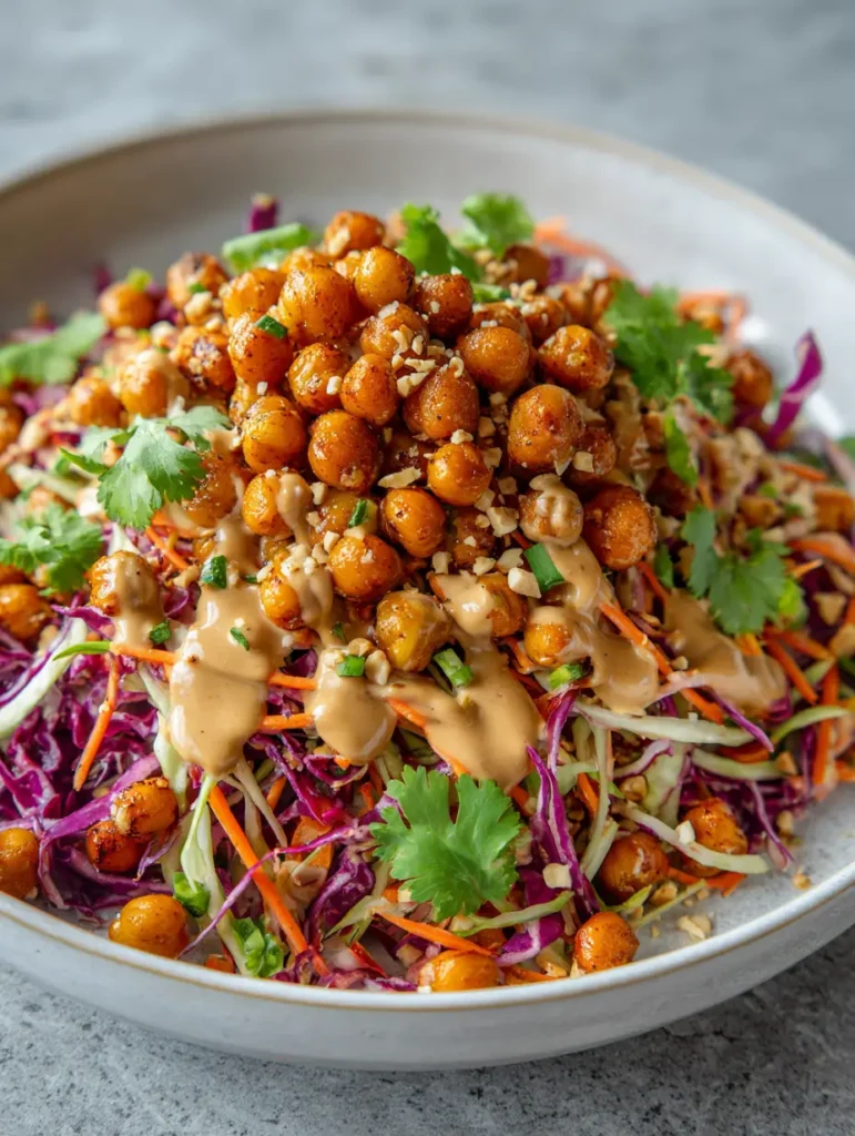 Detailed view of golden-brown roasted chickpeas and creamy peanut sauce drizzled over shredded red and green cabbage. (Thai Chickpea Salad)