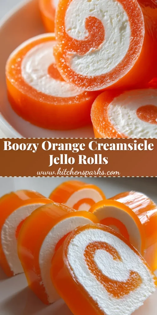 Creamsicle Vodka Jello Rollups: A Spiraled Boozy Dessert Dream 4 A stack of bright orange and white Creamsicle Vodka Jello Rollups on a white plate, showing the tight internal spiral.