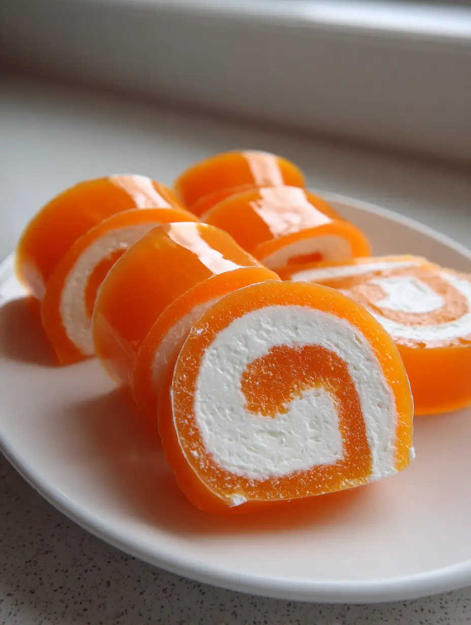 Creamsicle Vodka Jello Rollups: A Spiraled Boozy Dessert Dream 3 A close-up handheld shot of Creamsicle Vodka Jello Rollups showing the smooth, glossy translucent orange layer and thick marshmallow center.