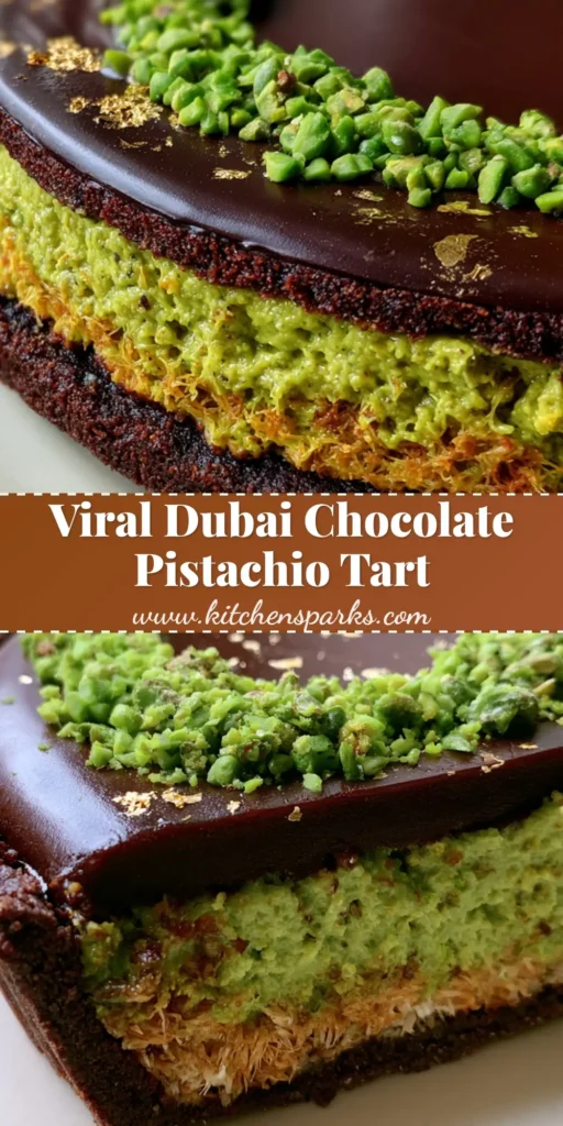 A close-up vertical shot of the Dubai Chocolate Pistachio Tart showing the dark cocoa crust, vibrant green filling with kunafa, and glossy ganache top.