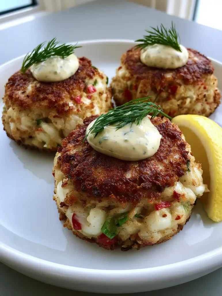 Close-up of pan-seared Old Bay Crab Cakes showing large chunks of lump crab meat and diced red peppers.