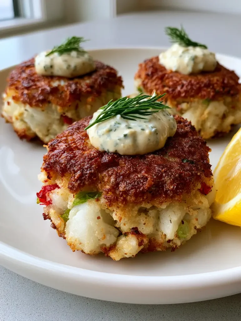 Old Bay Crab Cakes with Zesty Remoulade and Crispy Golden Crust 1 Overhead view of three round Old Bay Crab Cakes with herb-flecked remoulade and a lemon wedge.