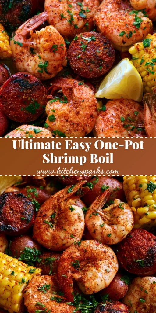Shrimp Boil Recipe: The Ultimate Cajun Seafood Feast 4 A vibrant top-down spread of a Cajun Shrimp Boil Recipe with pink shrimp, charred sausage, and yellow corn dusted in red spice.