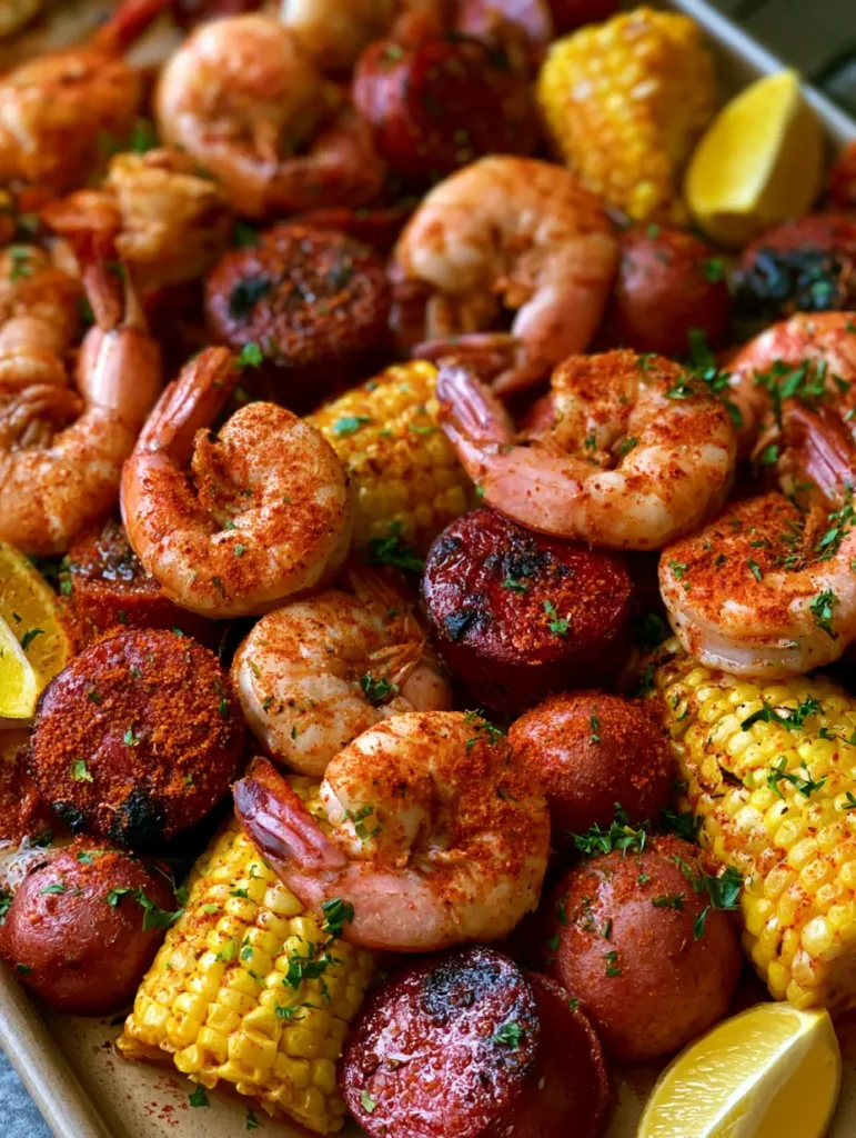Close-up handheld photo of a Shrimp Boil Recipe featuring steamed pink shrimp with tails and charred andouille sausage rounds.