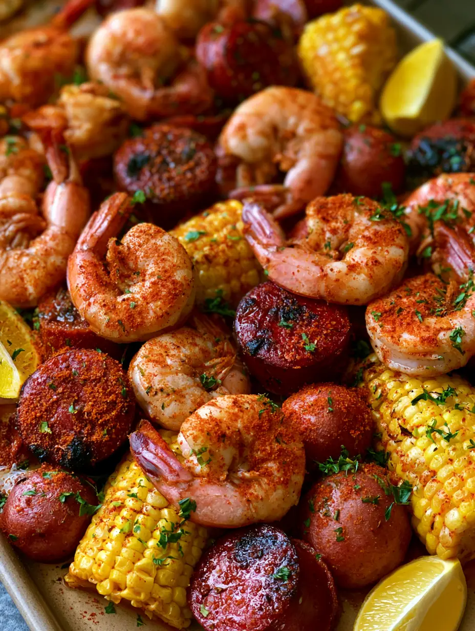 Shrimp Boil Recipe: The Ultimate Cajun Seafood Feast 3 Close-up handheld photo of a Shrimp Boil Recipe featuring steamed pink shrimp with tails and charred andouille sausage rounds.