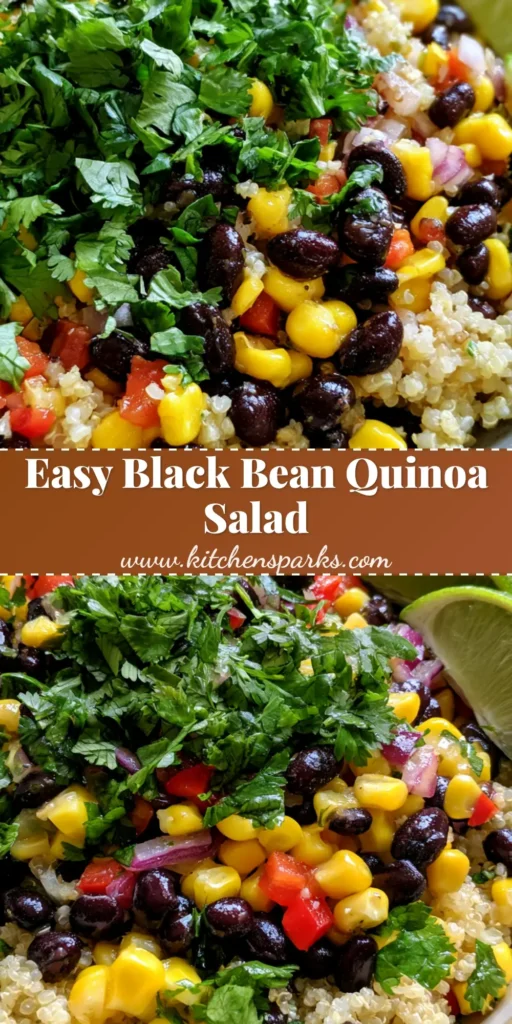 Quinoa Black Bean Salad: The Ultimate Zesty High-Protein Bowl 4 A shallow ceramic bowl of Quinoa Black Bean Salad with vibrant red peppers, yellow corn, and fresh cilantro garnish.