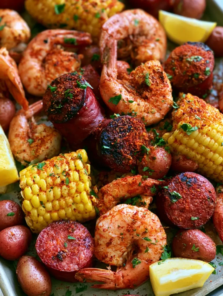 Shrimp Boil Recipe: The Ultimate Cajun Seafood Feast 1 Traditional Cajun Shrimp Boil Recipe with bright yellow corn, red potatoes, and green parsley garnish.