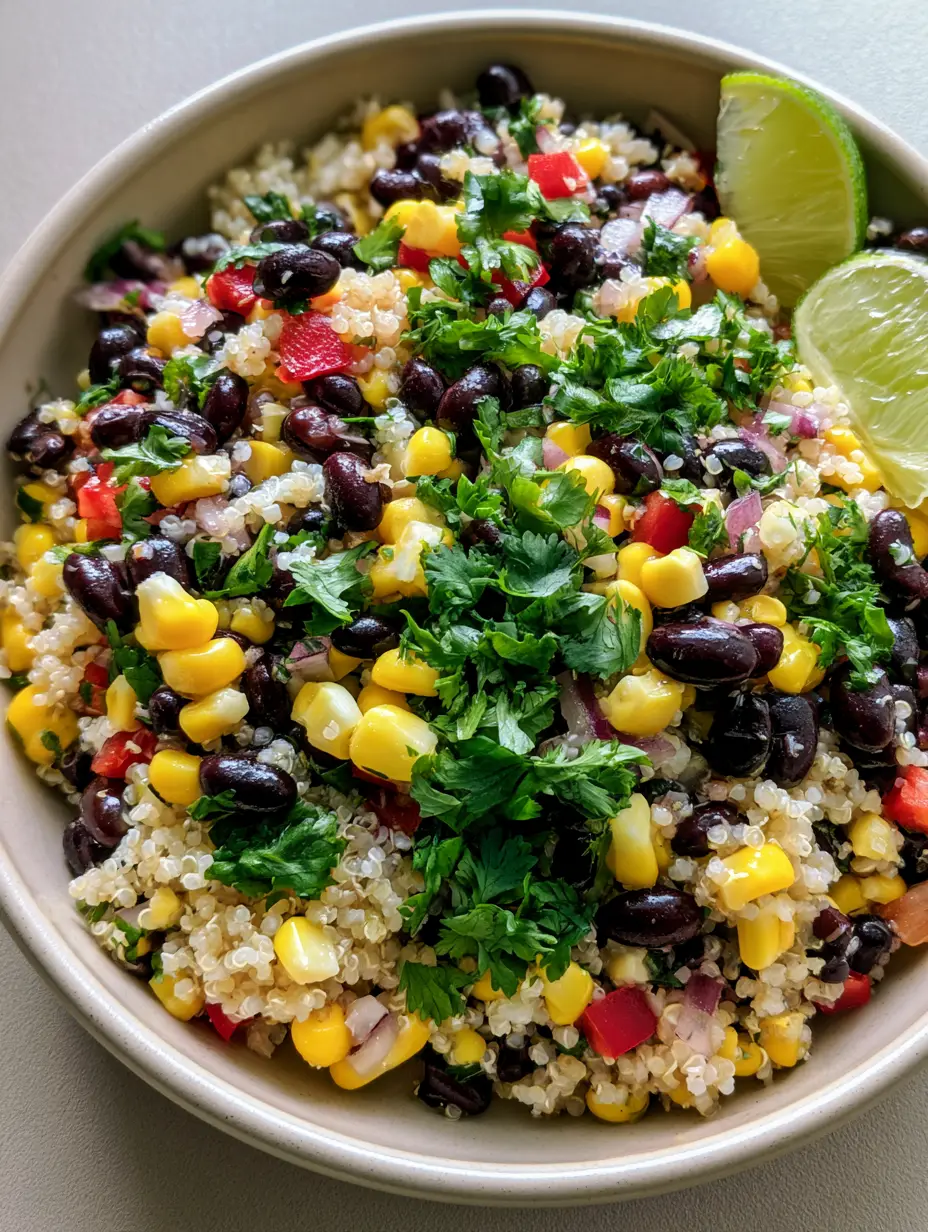 Quinoa Black Bean Salad: The Ultimate Zesty High-Protein Bowl 3 A handheld smartphone photo of Quinoa Black Bean Salad in a shallow ceramic bowl, showcasing the glossy black beans and fluffy quinoa foundation.