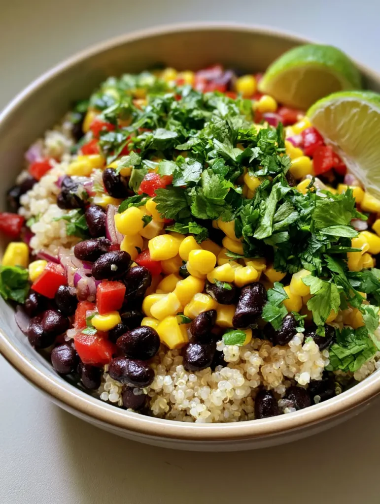 Quinoa Black Bean Salad: The Ultimate Zesty High-Protein Bowl 1 Close up of Quinoa Black Bean Salad featuring finely sliced red onion, small cubes of red bell pepper, and bright yellow corn.