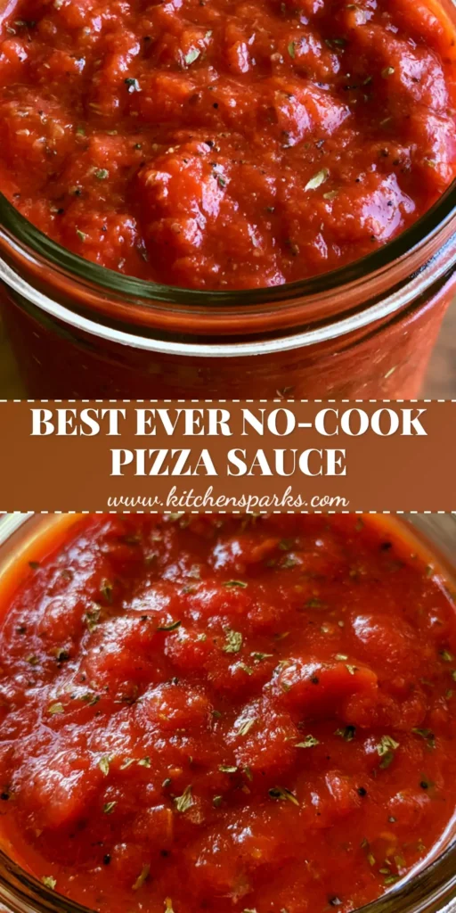 A glass mason jar filled with vibrant red Homemade Pizza Sauce with visible oregano flecks on a wooden table.