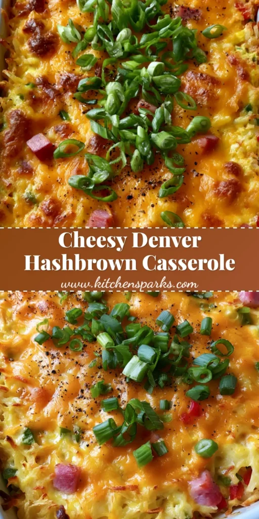 Denver Omelette Hashbrown Casserole: The Ultimate Cheesy Brunch Bake 4 A top-down view of a Denver Omelette Hashbrown Casserole in a white dish, featuring melted bubbly cheddar cheese, pink ham cubes, and vibrant red and green peppers garnished with scallions.