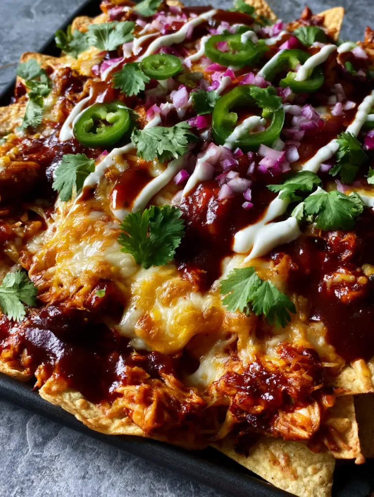 High-angle view of BBQ Chicken Nachos with thick glossy sauce, melted cheese, and fresh cilantro on a stone background.