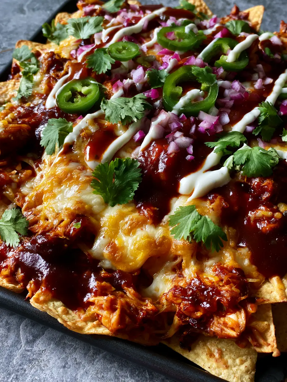 High-angle view of BBQ Chicken Nachos with thick glossy sauce, melted cheese, and fresh cilantro on a stone background.