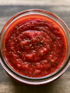 Close-up of thick Homemade Pizza Sauce in a jar showing a smooth texture and tiny black pepper flecks.