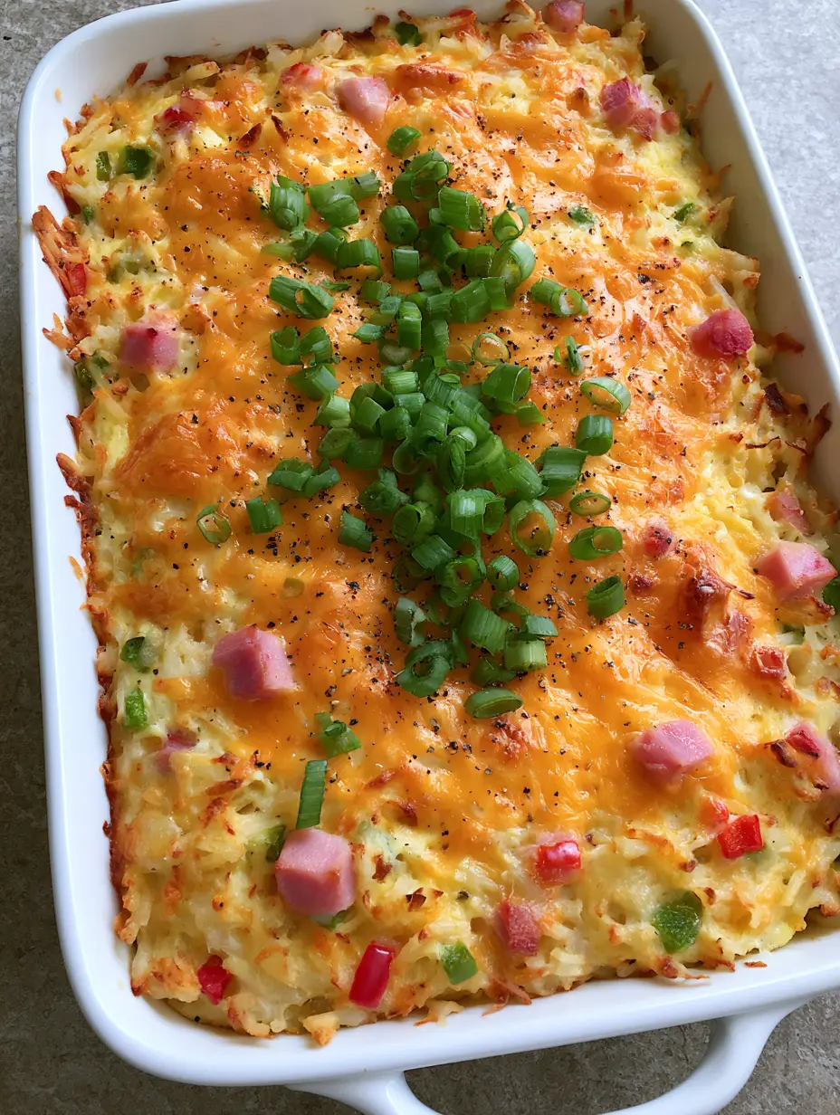 A close-up angled shot of a Denver Omelette Hashbrown Casserole showing the thick bubbly cheddar cheese layer and crispy toasted edges.